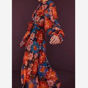 Farm Rio Garden Ruffle Long Sleeve Belted Midi Dress